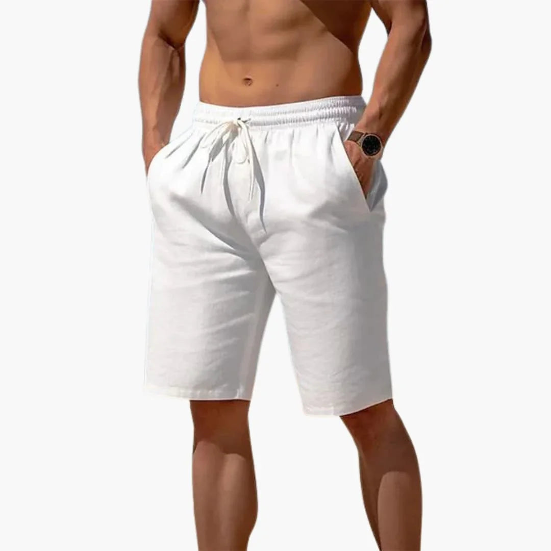 Men's chic relaxed fit drawstring shorts. Comfortable knee-length summer casual wear with adjustable waist for everyday & beach.