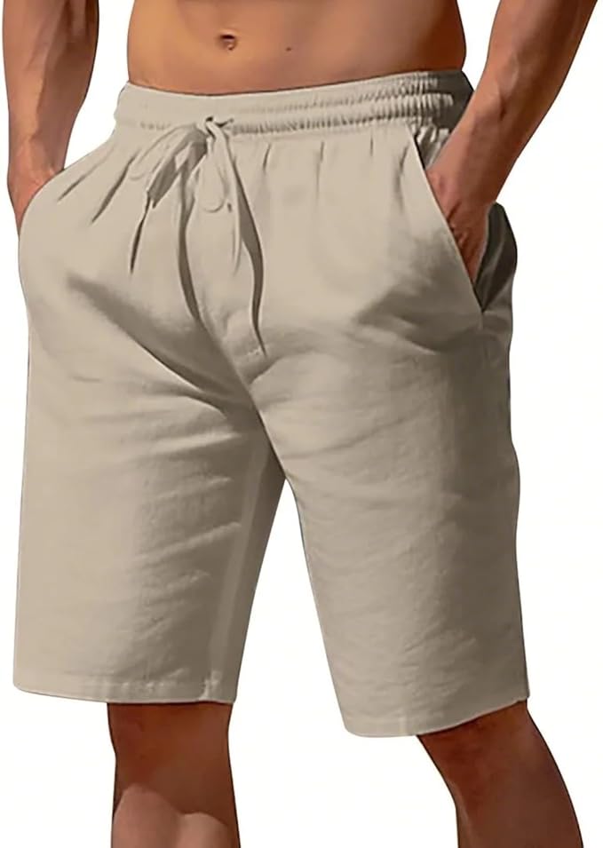 Knee-length men's relaxed fit drawstring shorts. Ideal for beachwear, summer vacation, or comfortable casual men's fashion.