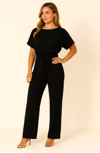 Elegant women's relaxed-fit jumpsuit with stylish batwing sleeves. Comfortable one-piece fashion.