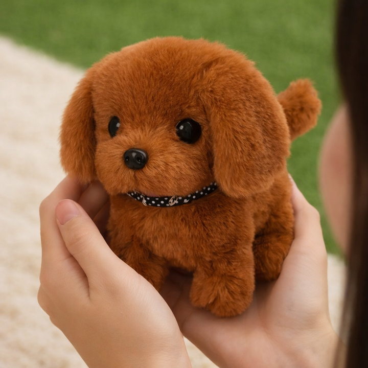 Lifelike interactive robot dog plush toy walking and barking for kids.