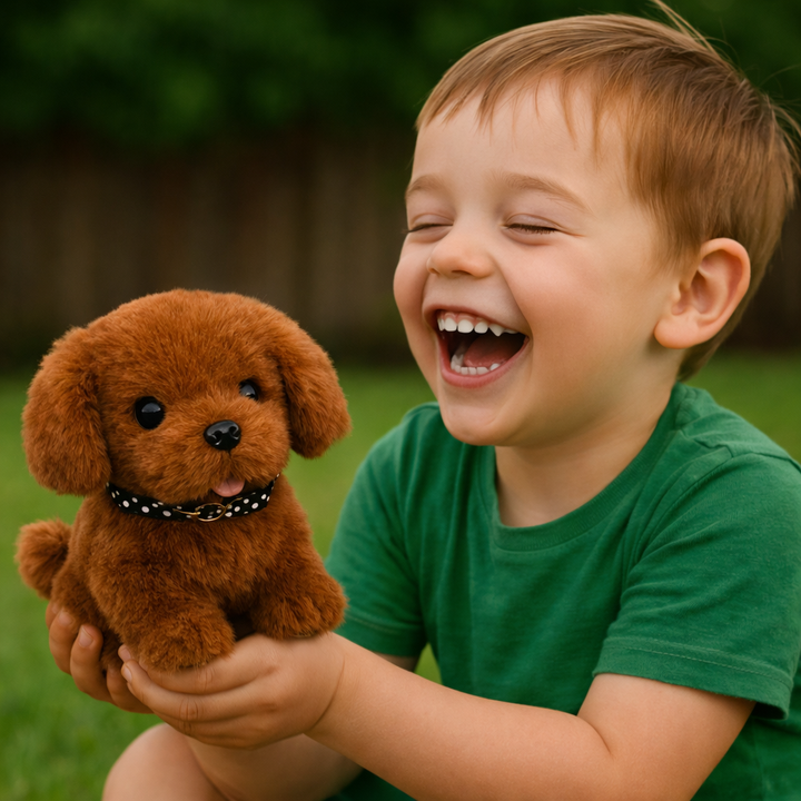 Cute plush robot dog that walks and barks, an engaging children's toy.