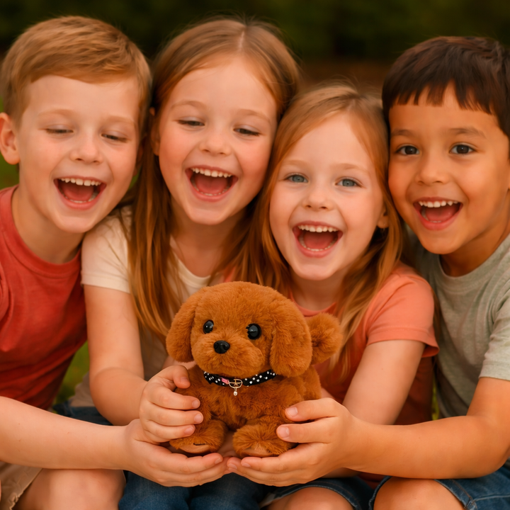 Walking robot dog toy made of soft plush, perfect for interactive play.