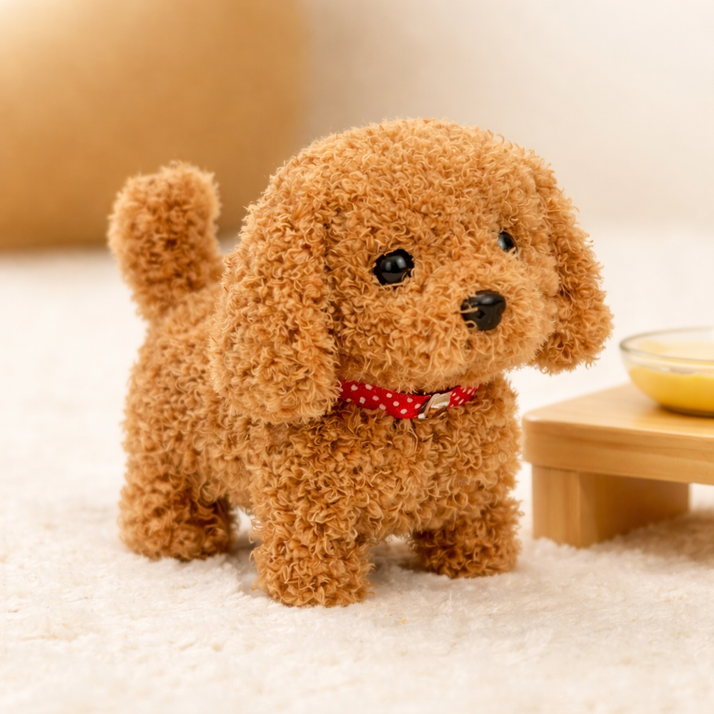 Companion robot dog toy, lifelike plush puppy with walking and barking features.
