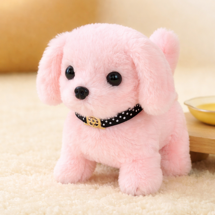 Furry robot dog toy that barks and walks, a delightful interactive plush.