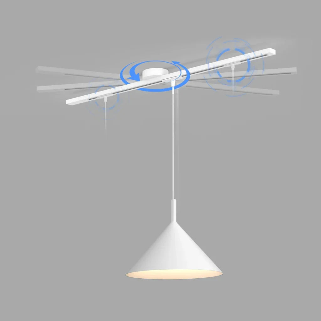 Black rotatable pendant light rail. Flexible ceiling track system for custom lighting.