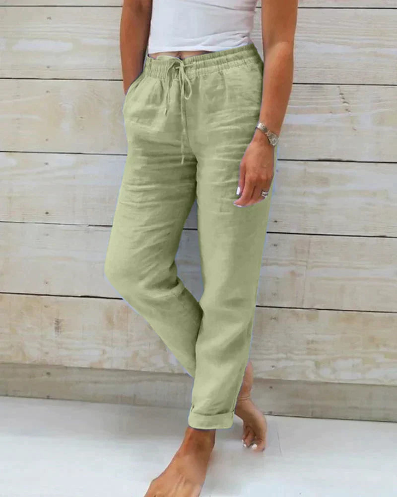 Hannah women's lightweight linen trousers. Breezy, relaxed fit, perfect for comfortable summer and spring casual wear.