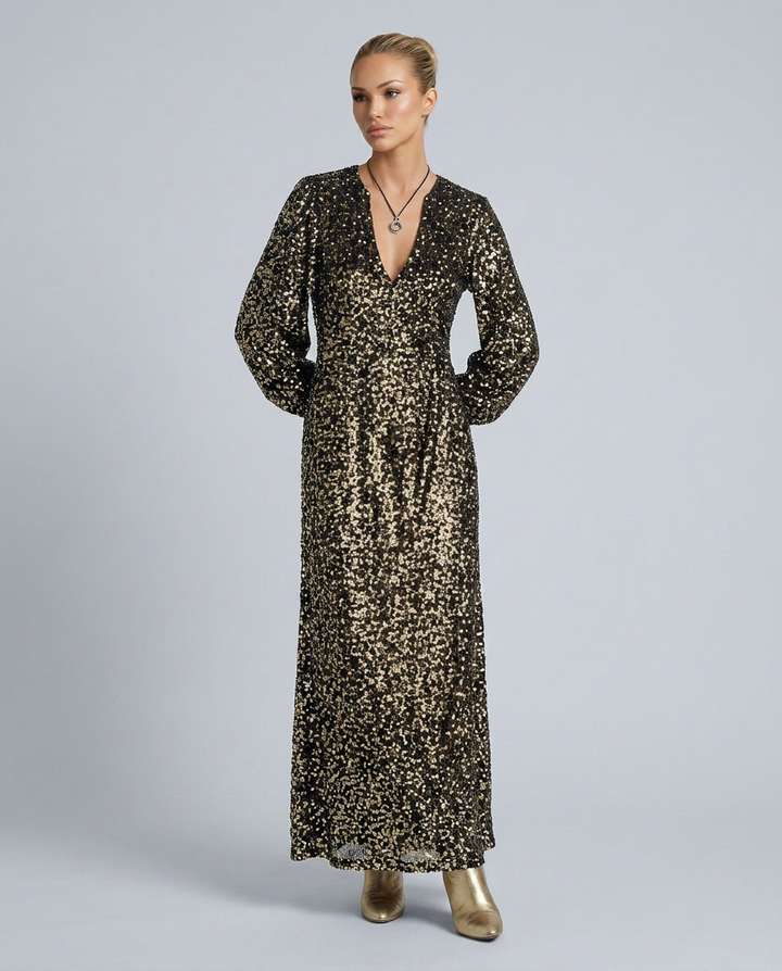 Women's classic sequin V-neck maxi party dress with long sleeves, perfect for evening events & special occasions.