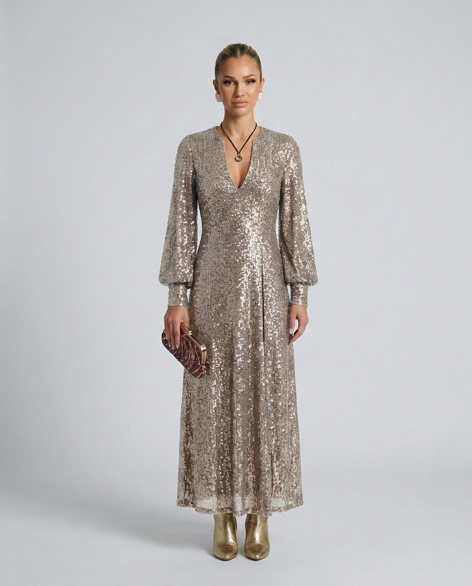 Women's glamorous sequin V-neck maxi party dress. A dazzling long sleeve evening gown for special events.