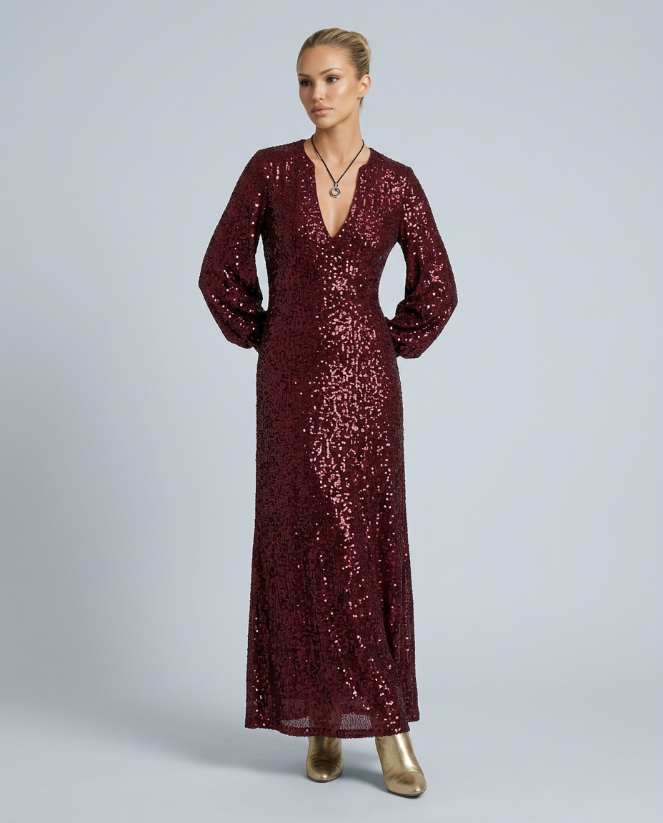 Long sleeve sequin V-neck maxi dress for women. Stunning party dress, evening gown, & formal wear for special occasions.