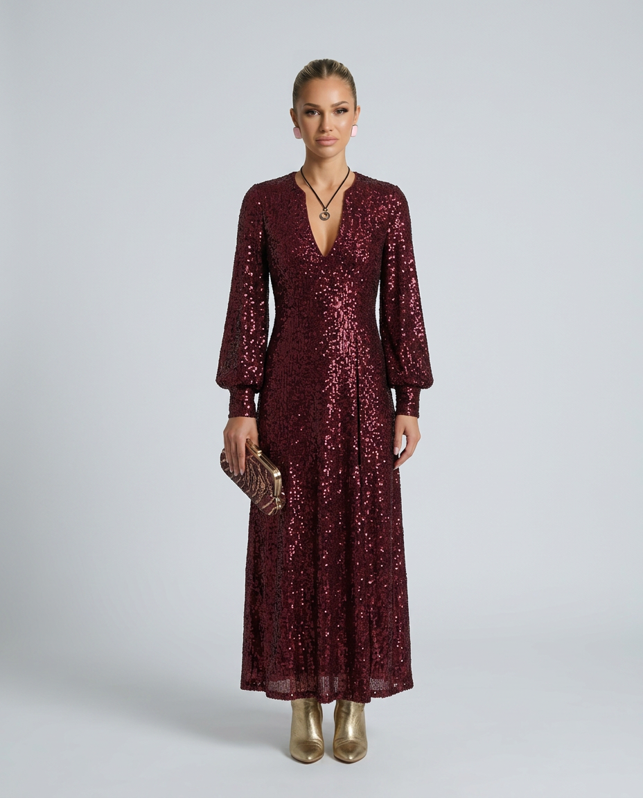 Classic women's sequin V-neck maxi dress, a comfortable long sleeve party gown that shimmers elegantly.