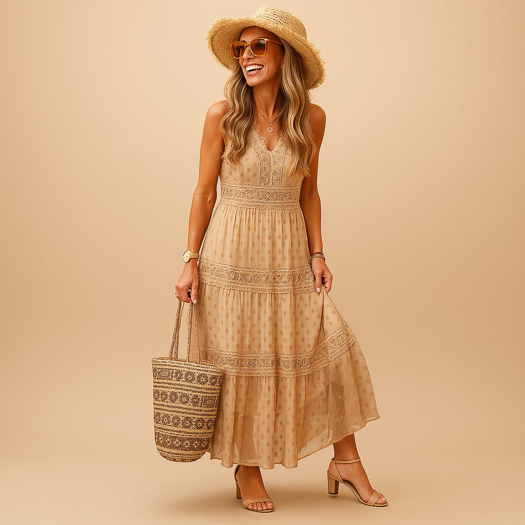 Elegant women's sleeveless V-neck lace maxi dress with tiered skirt. Ideal for beach, summer, or casual style.