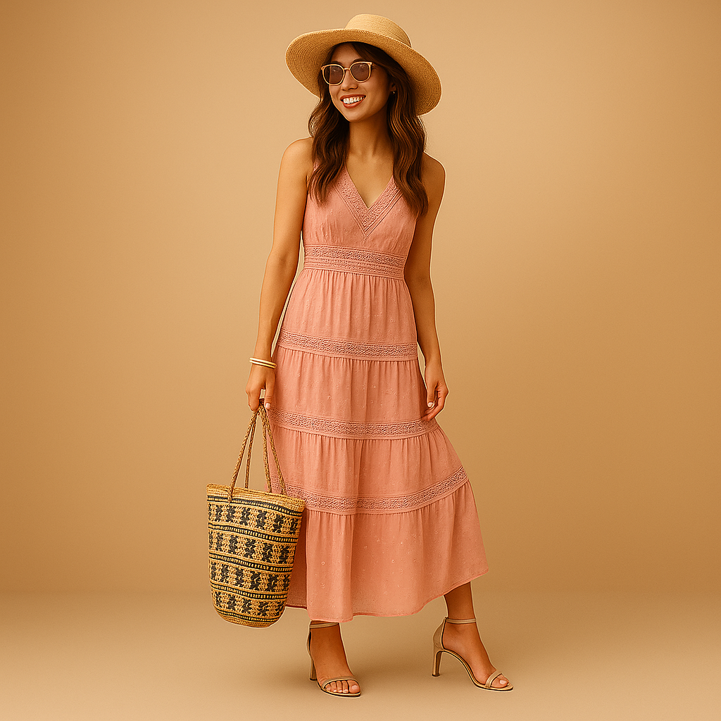 Flowy boho tiered maxi dress for women, featuring delicate lace details. Great as a summer or festival outfit.