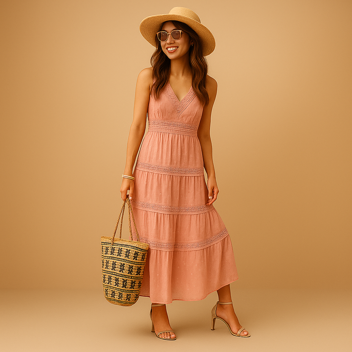 Flowy boho tiered maxi dress for women, featuring delicate lace details. Great as a summer or festival outfit.