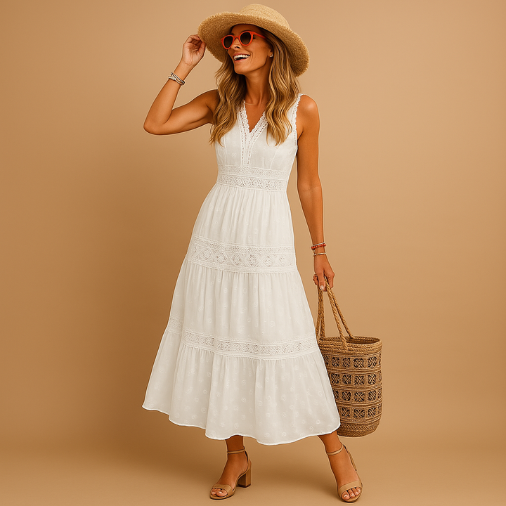 Classic women's tiered lace maxi dress. Bohemian style, flowy, perfect for summer, beach, or elegant casual look.