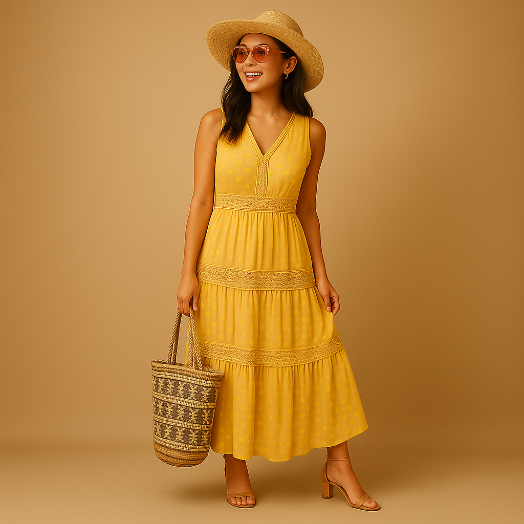 Sleeveless V-neck women's tiered lace maxi dress. Elegant and flowy boho summer dress, ideal for beach or festivals.