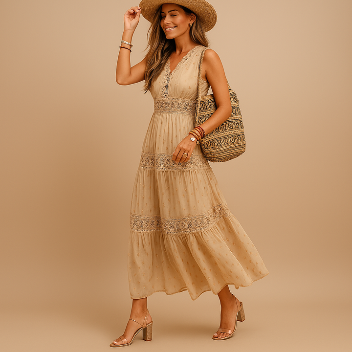 Comfortable, flowy tiered lace boho maxi dress for women. Perfect summer casual, beachwear or chic festival outfit.