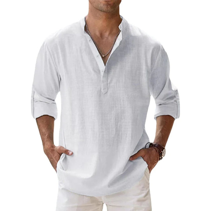Stylish men's long sleeve henley top in a relaxed fit, perfect for casual spring and summer outfits.