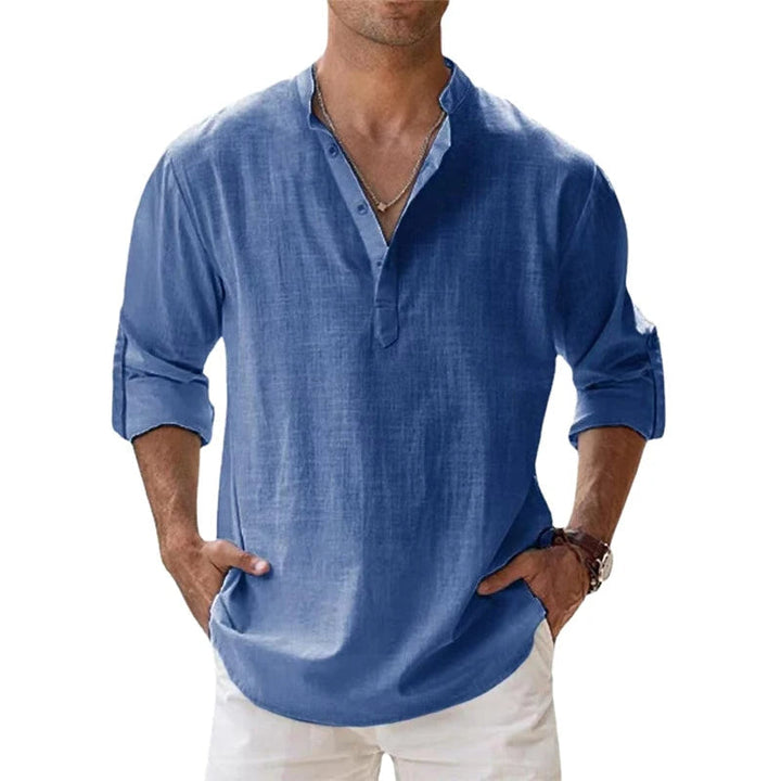 Soft, relaxed fit men's henley shirt, long sleeve, featuring a classic button placket design.