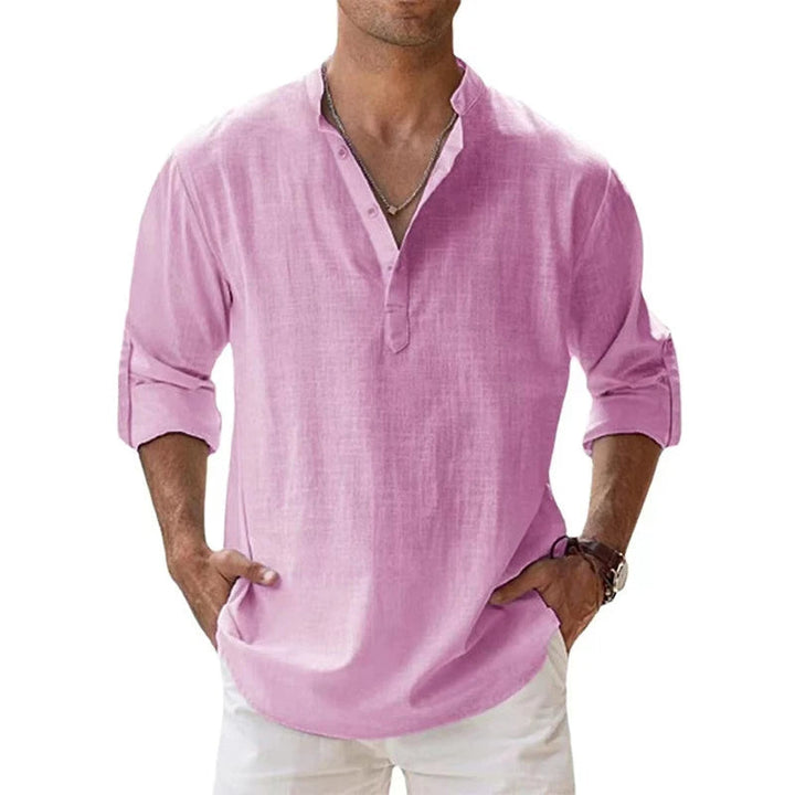 Modern men's relaxed fit henley top, buttoned placket, suitable for summer and spring casual looks.