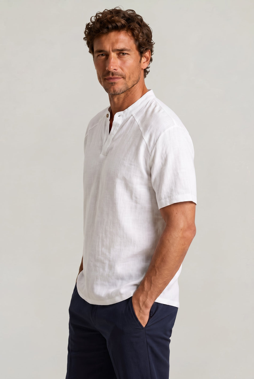 Comfortable men's regular fit Henley shirt with short sleeves, ideal summer top for everyday wear.