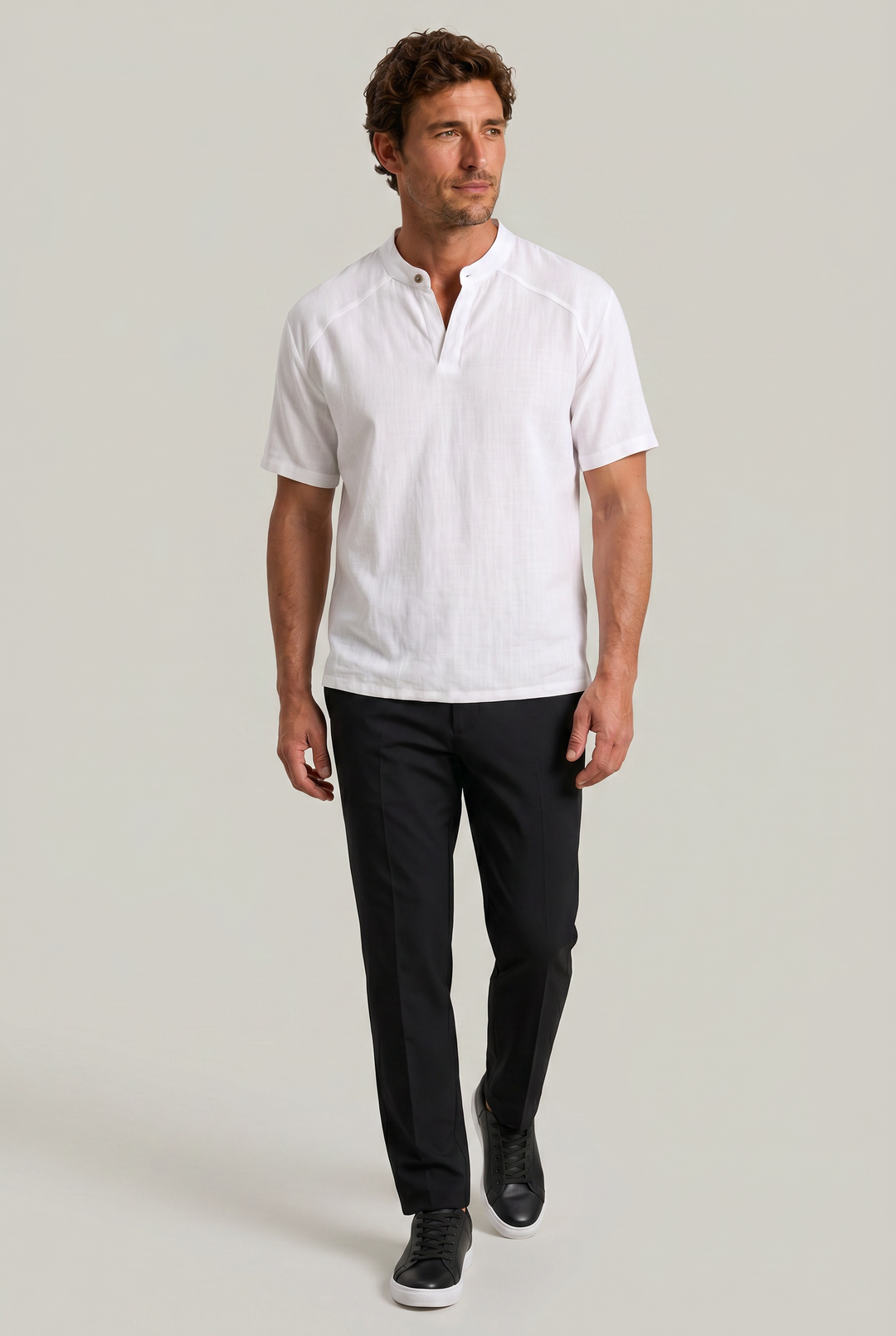 Classic men's Henley neck t-shirt, short sleeve design for casual and summer outfits & everyday style.