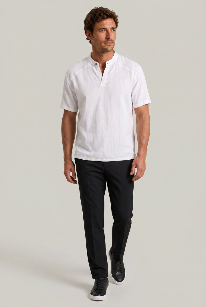 Classic men's Henley neck t-shirt, short sleeve design for casual and summer outfits & everyday style.