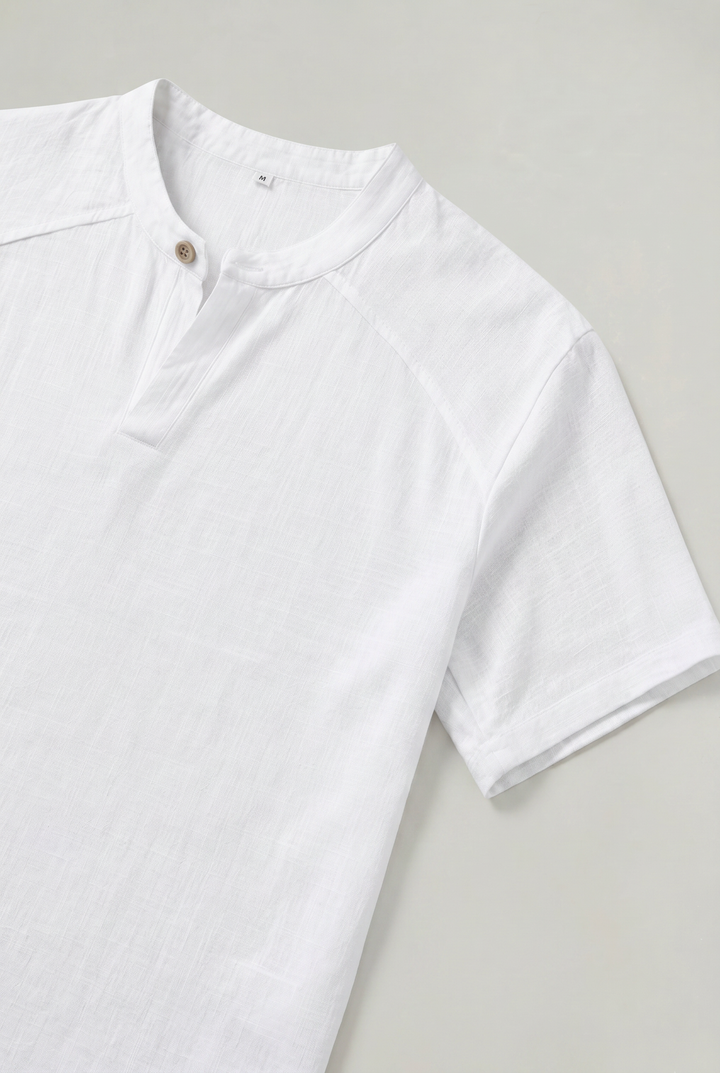 Stylish men's short sleeve Henley top, an essential for summer casual wear & versatile men's fashion.