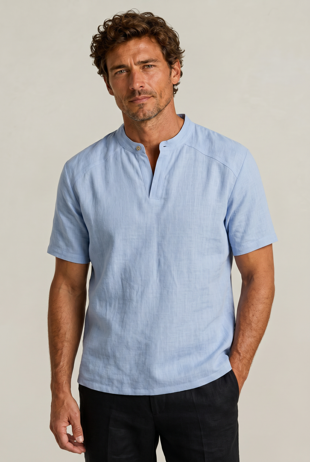 Regular fit men's short sleeve Henley t-shirt, a timeless basic & comfortable summer top for men.