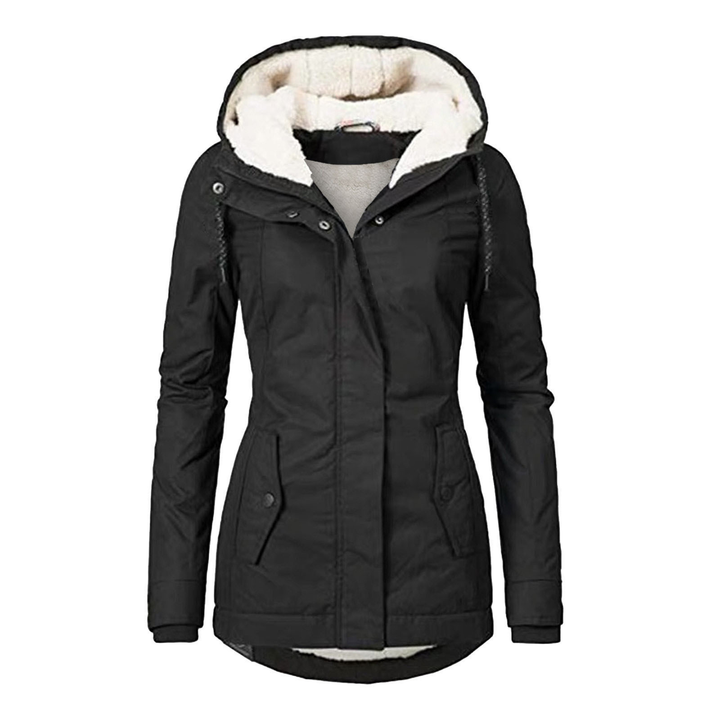Women's cozy hooded jacket with practical button pockets, perfect for casual winter & fall outfits.
