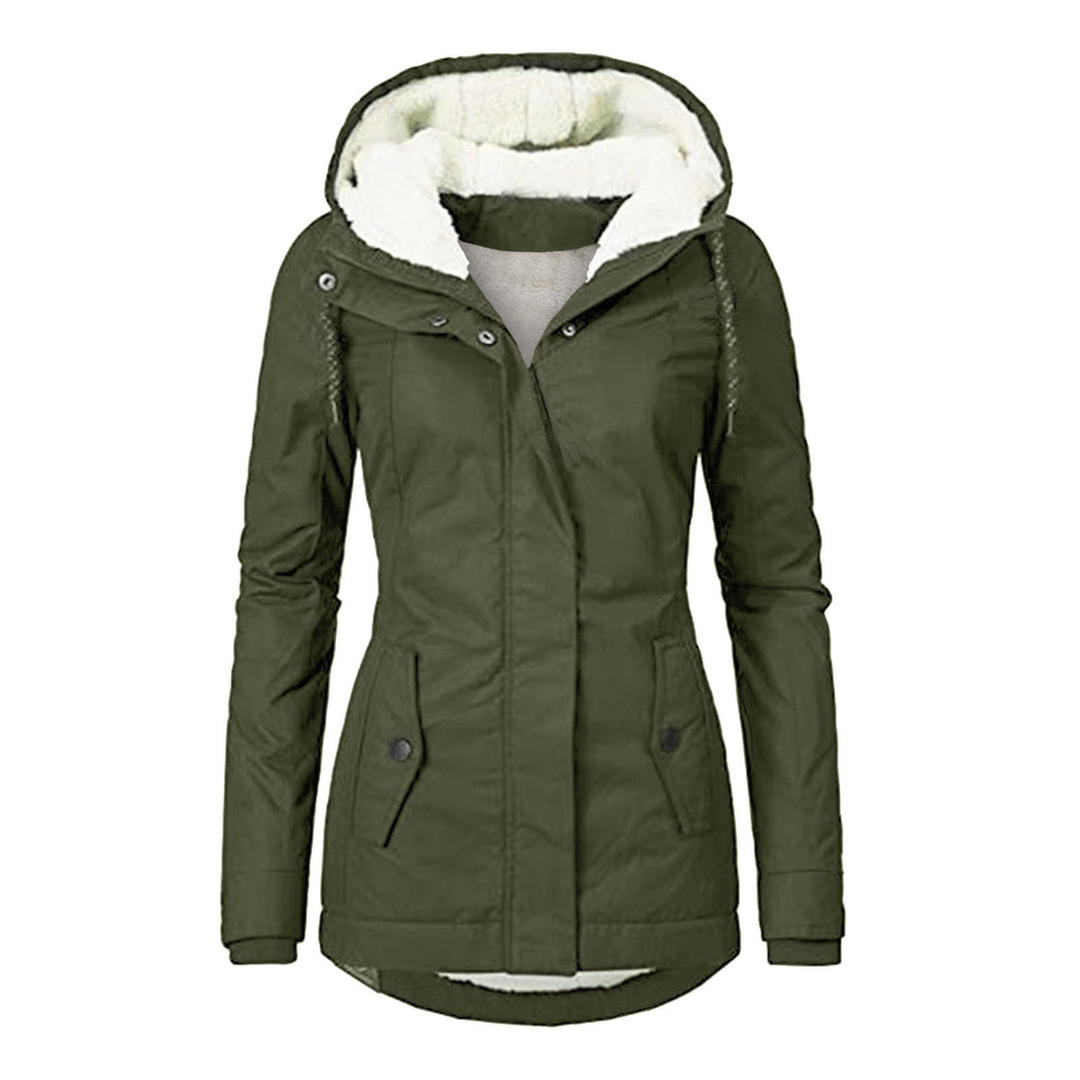 Close-up of the stylish button pockets on a warm women's casual jacket with a comfortable hood.