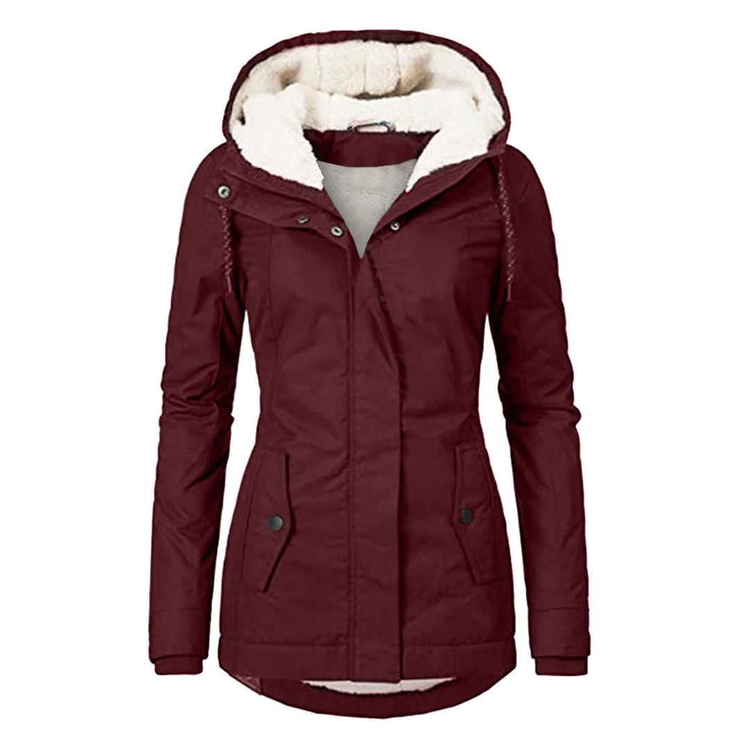 Women's warm hooded jacket featuring a trendy curved hem and relaxed fit for fall & winter style.