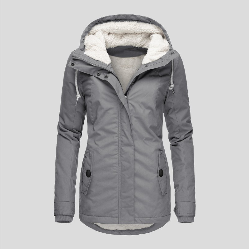 Stylish woman wearing a comfy hooded jacket with button pockets, ideal for everyday casual wear.