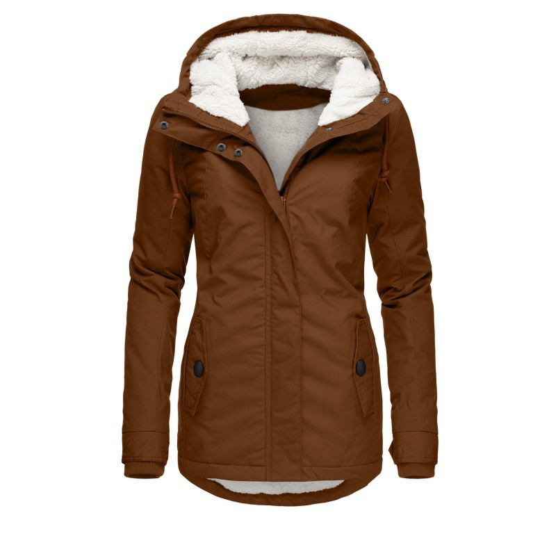 Plush, warm women's hooded jacket, designed for ultimate coziness and style during cold fall & winter days.