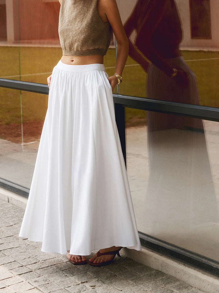 Women's High Waist Pleated Linen Maxi Skirt