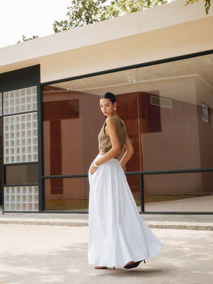 Women's High Waist Pleated Linen Maxi Skirt