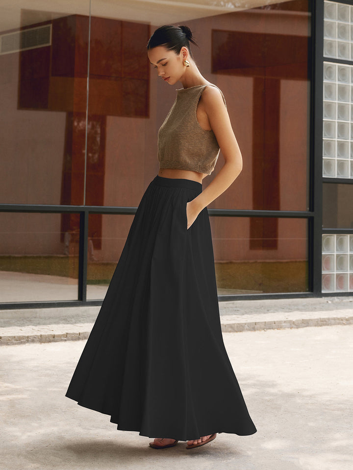 Women's High Waist Pleated Linen Maxi Skirt