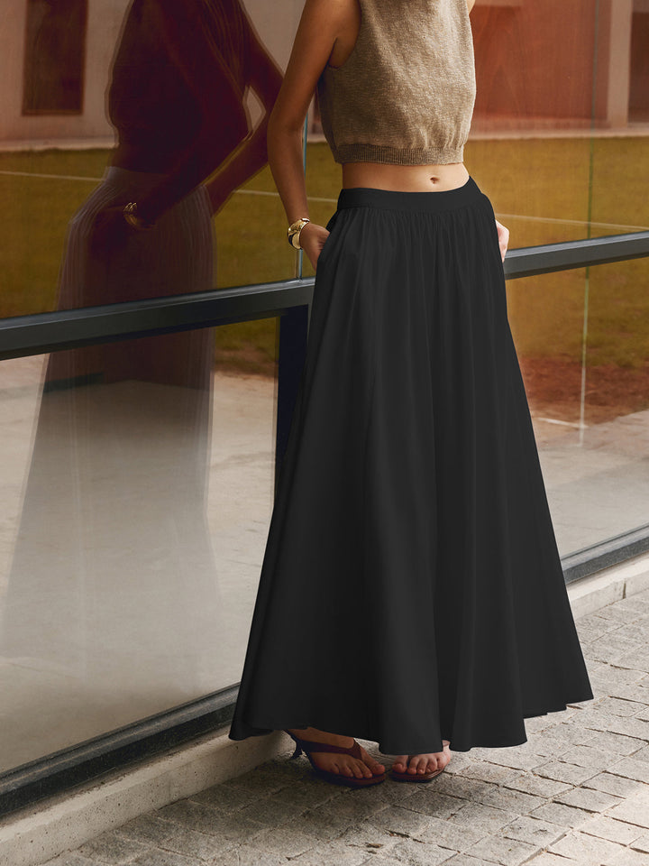 Women's High Waist Pleated Linen Maxi Skirt