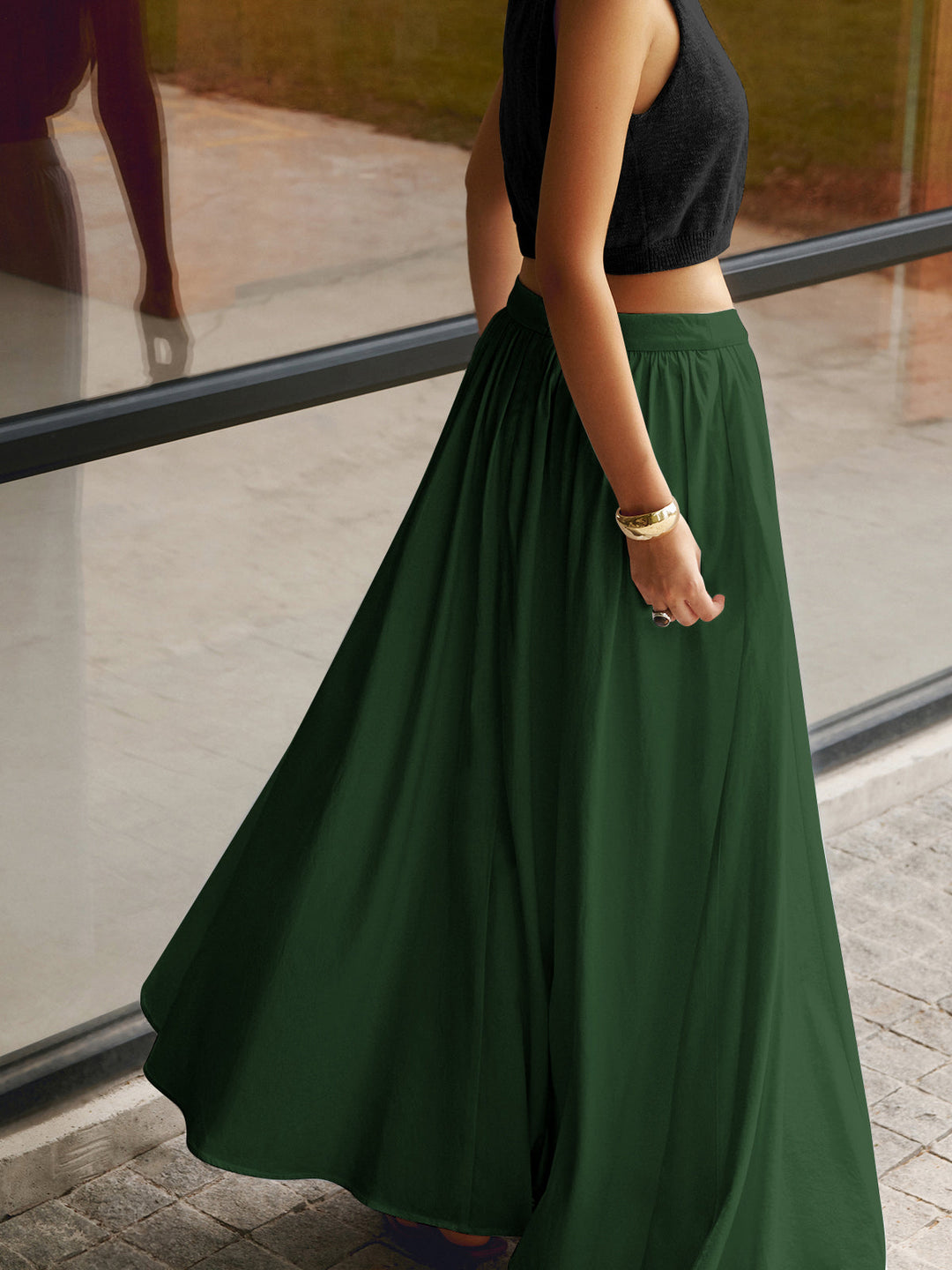 Women's High Waist Pleated Linen Maxi Skirt