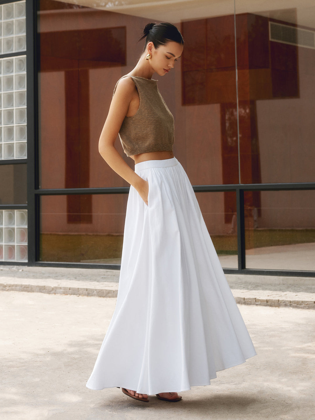 Women's High Waist Pleated Linen Maxi Skirt