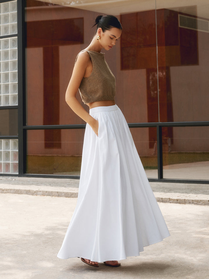 Women's High Waist Pleated Linen Maxi Skirt