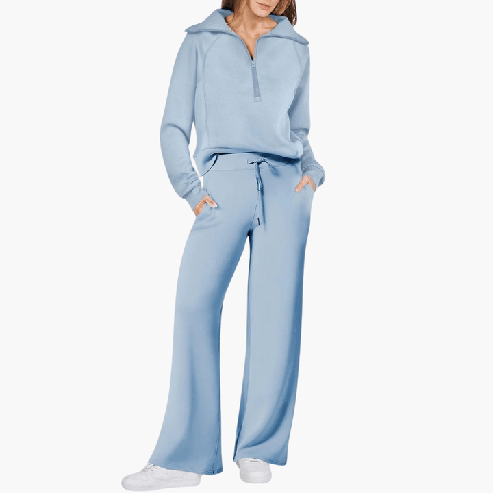 Liora | Women's Zip-Up Hoodie Wide Leg Lounge Set - Beige - Image 3