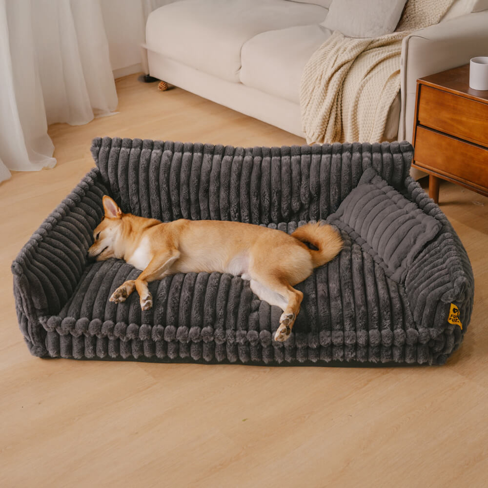 Small orthopedic pet bed with faux lambswool for cozy comfort & joint relief.
