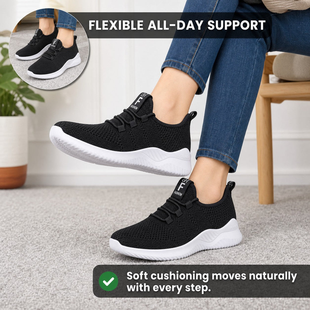 Side profile of lightweight women's walking shoes, emphasizing flexible and comfortable wear.