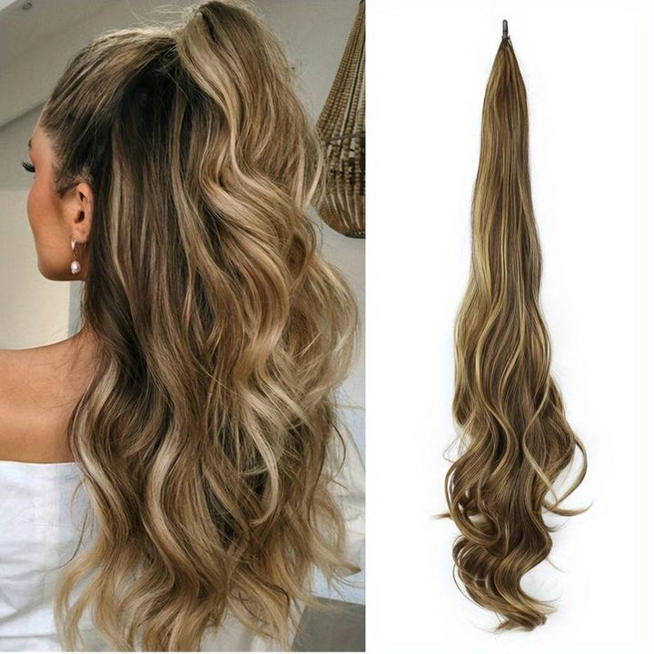 Women's flexible wrap ponytail hair extension for instant volume & long, wavy hair. Easy styling.