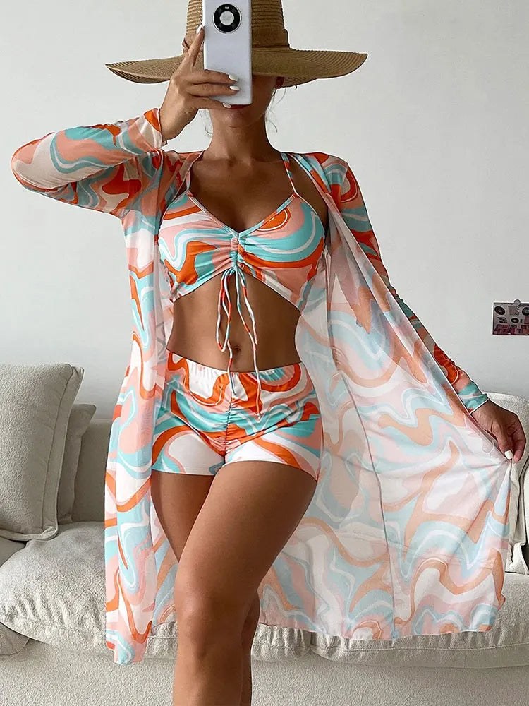 Women's tie-dye long sleeve cover-up set, perfect for layering over swimwear, ideal for beach, resort, or cruise.