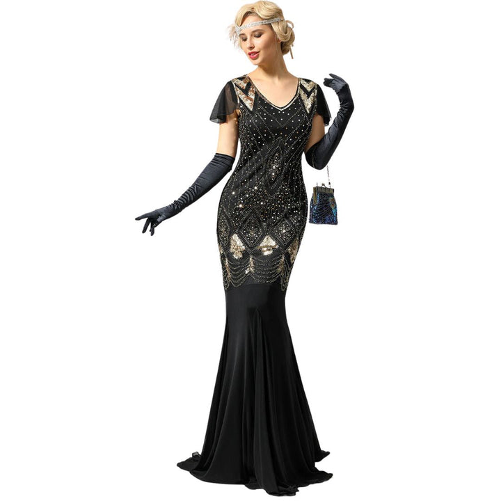 Long Charice sequin flapper dress for women, 1920s vintage style, Gatsby theme party gown.