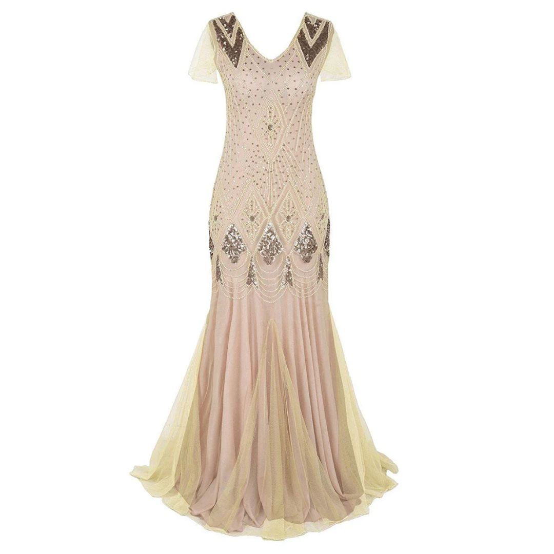 Women's long sequin flapper dress, vintage 1920s glamour for a Gatsby theme party or special occasion.