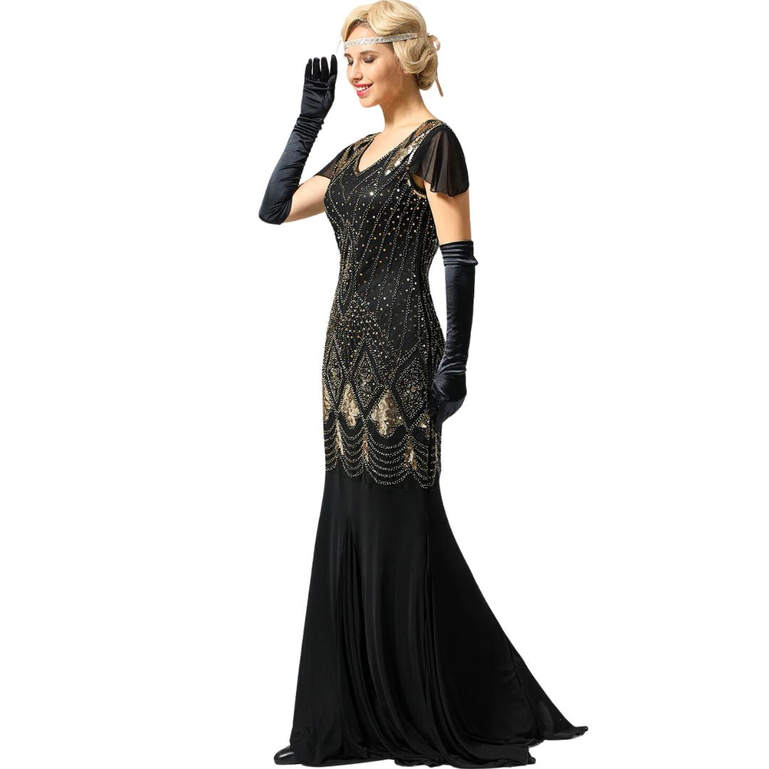 Luxurious long sequin flapper dress, a perfect 1920s vintage evening gown for women's special occasions.
