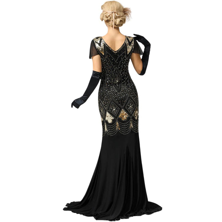 Shimmering long flapper dress with sequins, 1920s vintage style women's evening gown, Gatsby party ready.