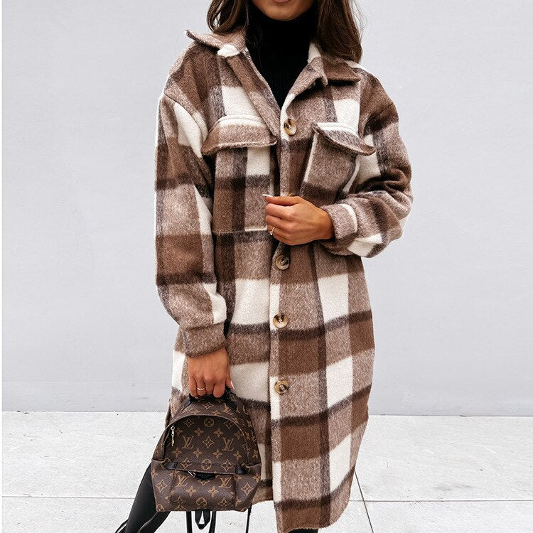 Comfortable women's long checked coat, perfect warm winter outerwear for cold weather style.